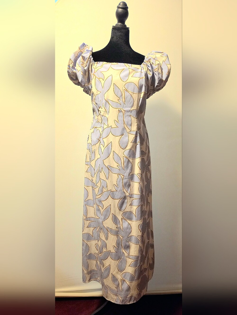 A New Day Puff-Sleeve Leaf Print Midi Dress
